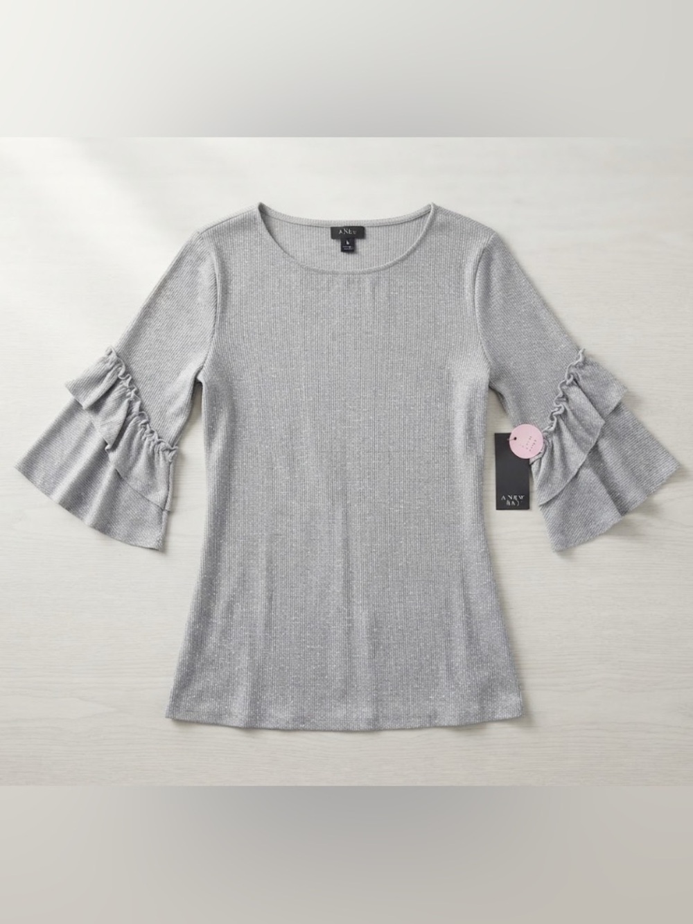 a.n.a Silver Metallic Ruffle Sleeve Short Sleeve Top